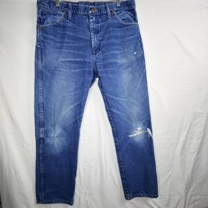 Vintage Wrangler Mens Straight Leg Blue Jeans Medium Wash Distressed 36x30